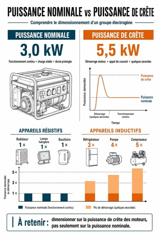 Schéma explicatif de la puissance nominale et de crête d'un groupe électrogène pour le choix de la puissance adaptée