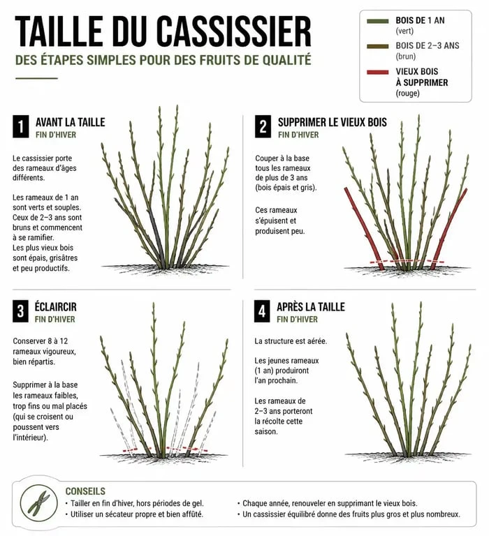 Schéma explicatif pour savoir quand tailler les cassissiers et quelles branches supprimer