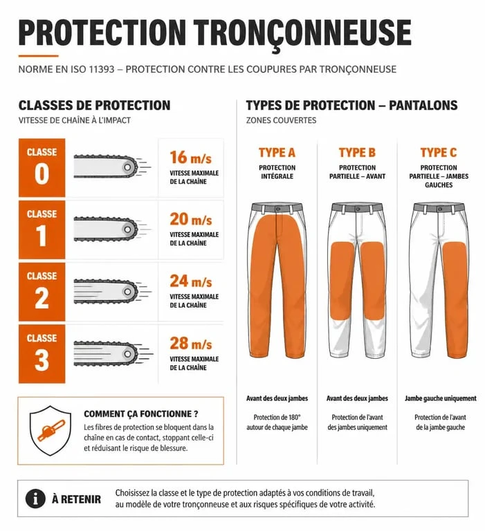 Infographie des classes de protection et types d'EPI pour tronçonneuse