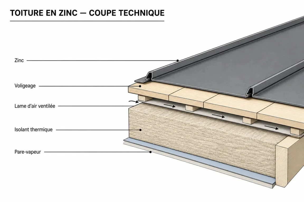 Schéma en coupe d'une isolation de toiture en zinc