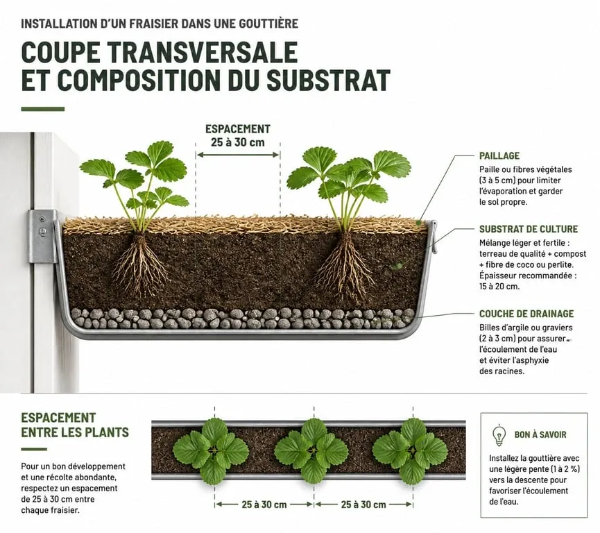 Schéma technique de plantation de fraisier dans gouttière pour potager vertical