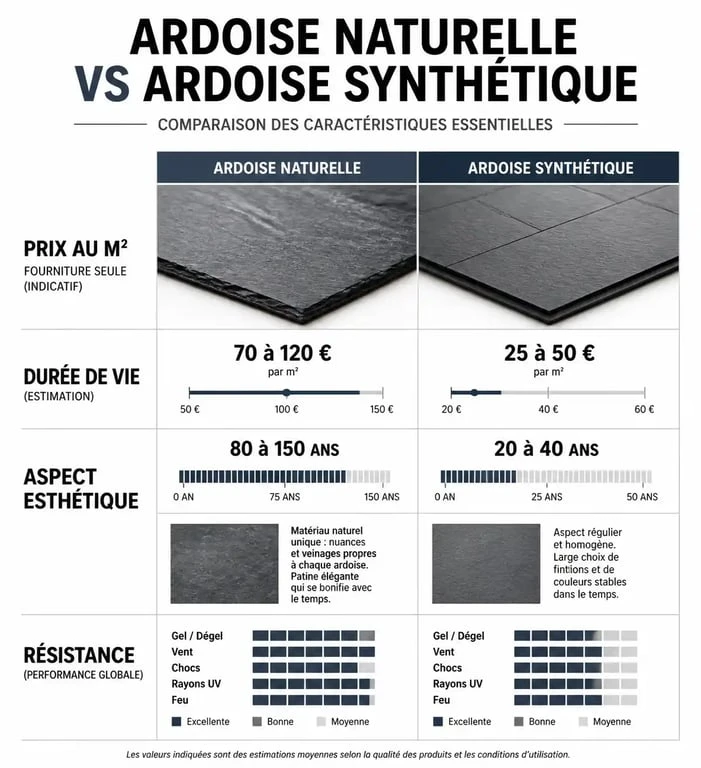 Comparatif prix et caractéristiques toit en ardoise naturelle vs synthétique