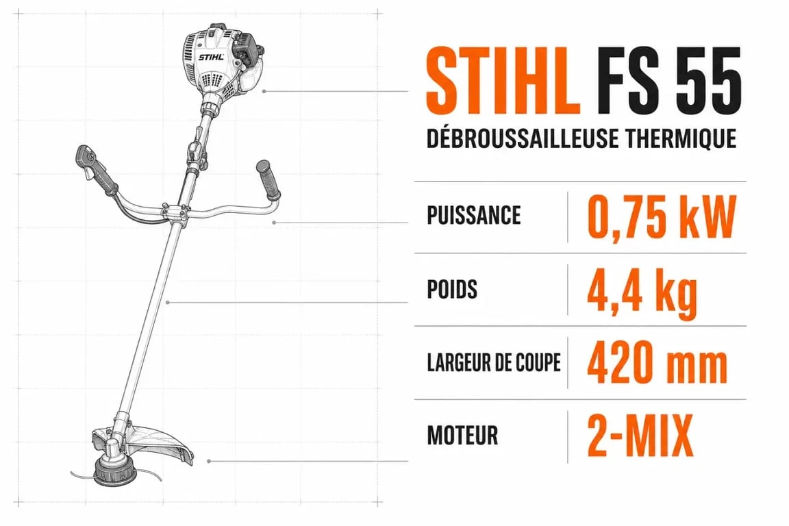 Infographie des caractéristiques techniques de la débroussailleuse Stihl FS 55
