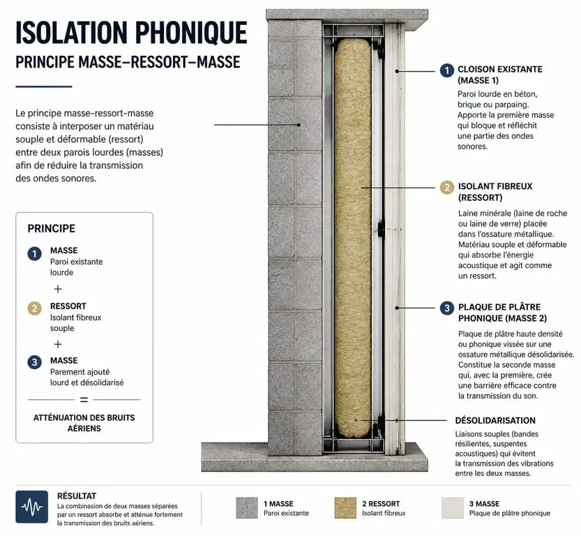 Schéma technique du principe masse-ressort-masse pour isoler phoniquement une pièce