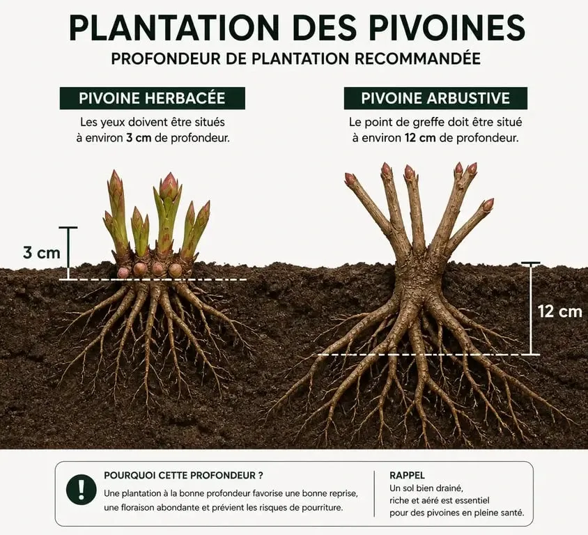 Schéma de plantation des pivoines : profondeur recommandée pour les variétés herbacées et arbustives
