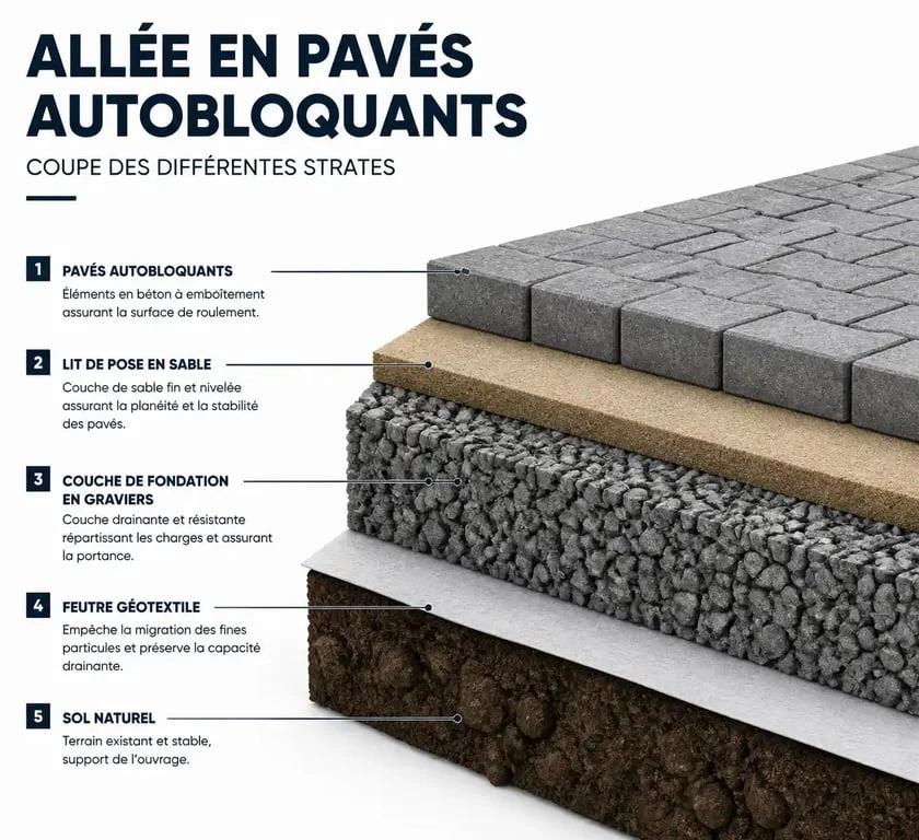 Coupe technique des couches pour la pose de pavés autobloquants