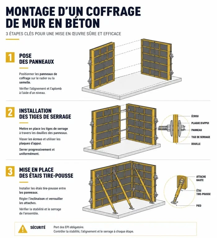 Schéma explicatif des étapes de montage d'un coffrage de mur en béton pour chantier