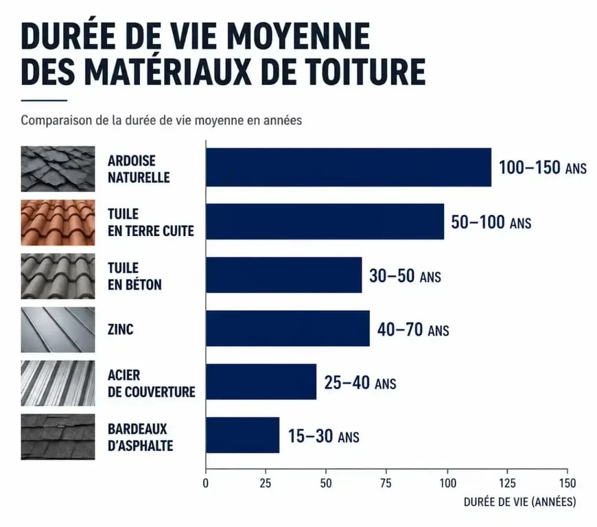 Graphique comparatif de la durée de vie moyenne des différents matériaux de toiture, de l'ardoise au shingle.