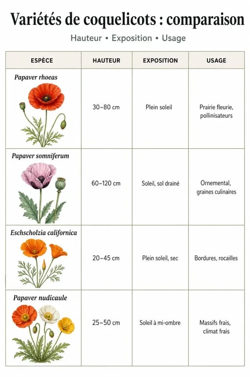 Infographie comparative des variétés de poppy fleur pour le jardin