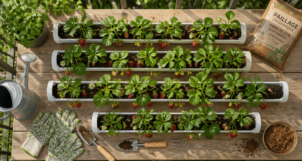 fraisier dans gouttière sur balcon