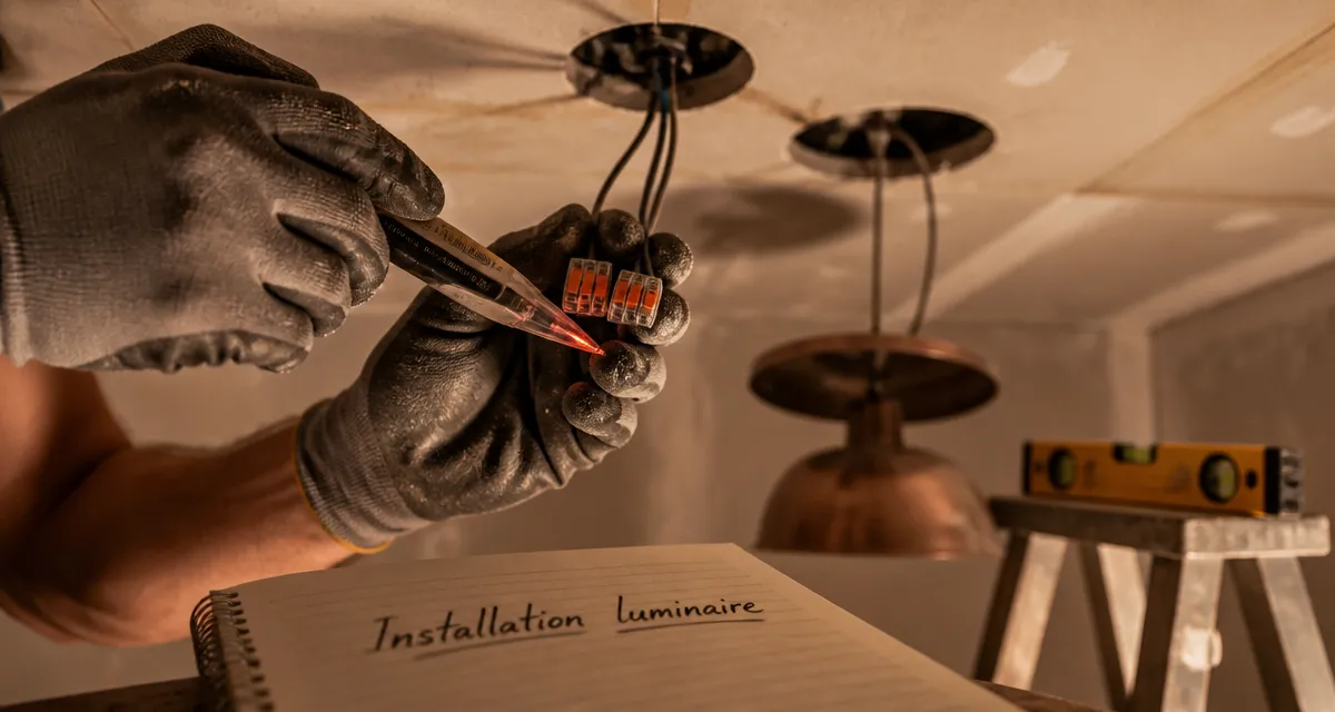 Installer luminaire plafond : testeur de tension et connecteurs Wago sur placo
