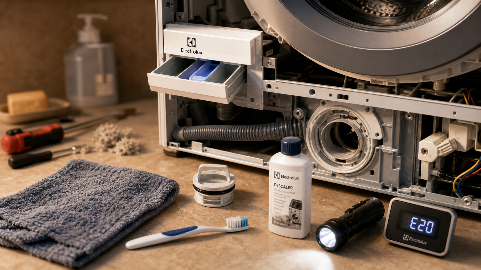 machine à laver electrolux problème, écran E20 et filtre de vidange