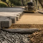 Pavé autobloquant pose : allée en construction, lit de pose et vibrage