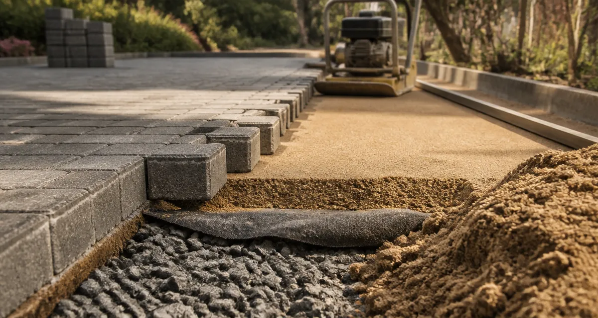Pavé autobloquant pose : allée en construction, lit de pose et vibrage