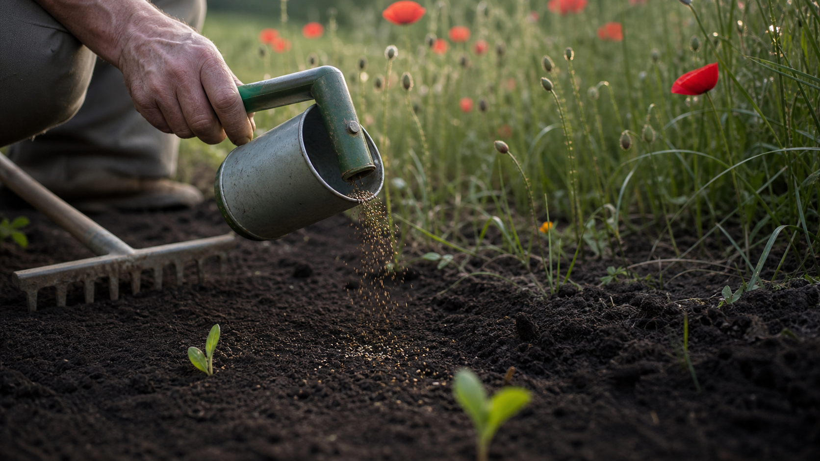 poppy fleur : semis de graines de coquelicot au sol, jeunes pousses
