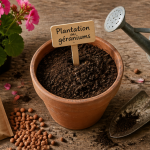 quand planter geranium flat lay outils et pot