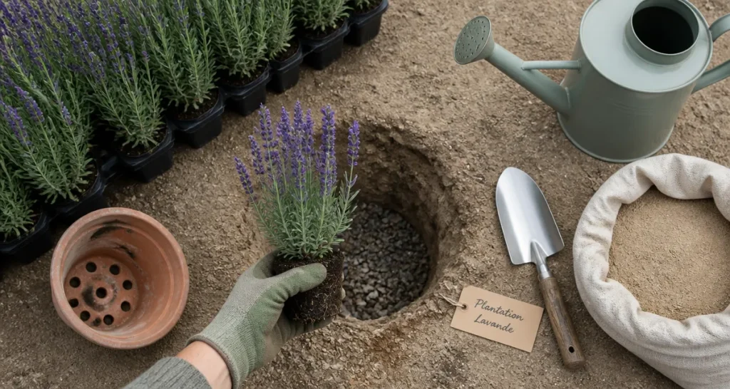 Quand planter la lavande : motte de lavande dans un trou de plantation