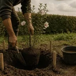 Quand planter un hibiscus en pleine terre : jardinier replante une motte d’hibiscus syriacus