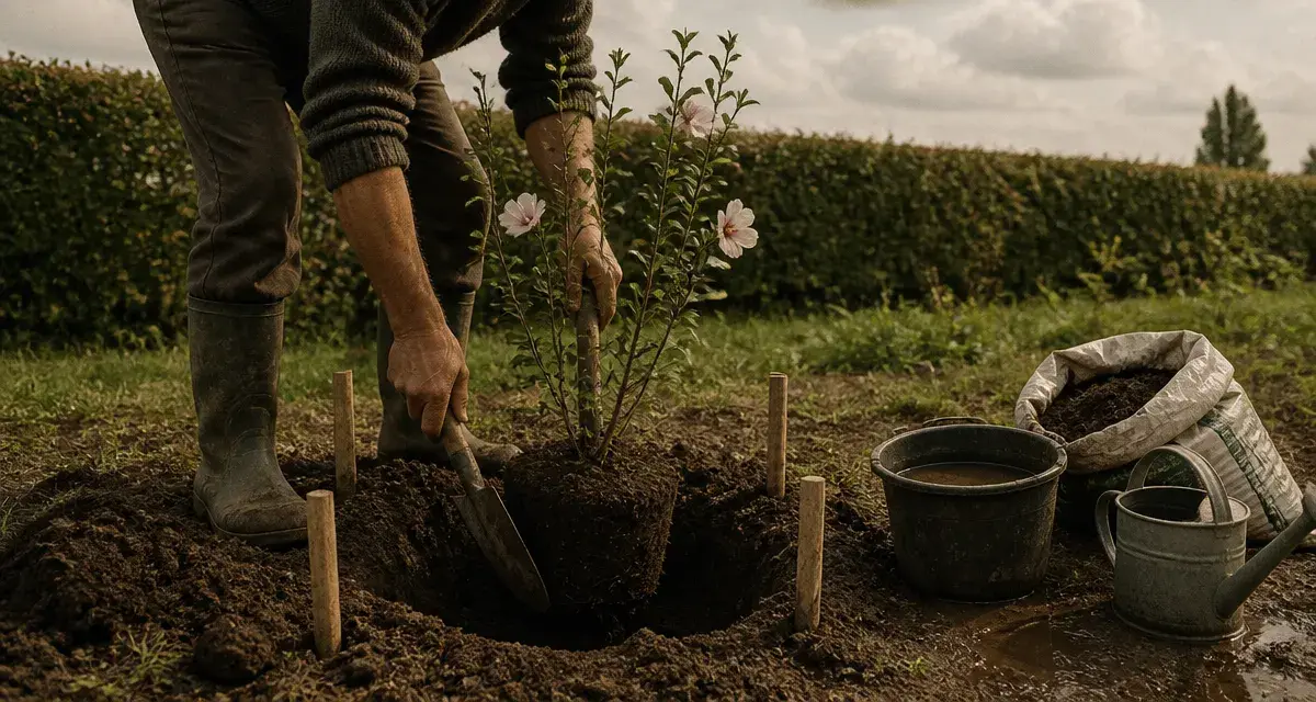 Quand planter un hibiscus en pleine terre : jardinier replante une motte d’hibiscus syriacus