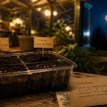Quand semer les tomates avec la lune : graines et terreau sur plateau de semis nocturne