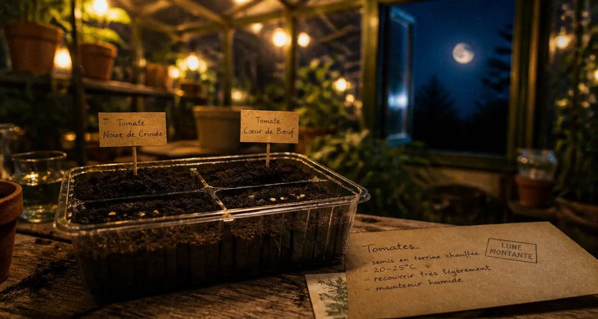 Quand semer les tomates avec la lune : graines et terreau sur plateau de semis nocturne