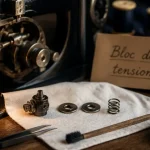 Réparer bloc tension machine à coudre : bloc de tension et disques métalliques sur établi