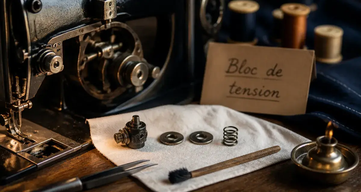 Réparer bloc tension machine à coudre : bloc de tension et disques métalliques sur établi