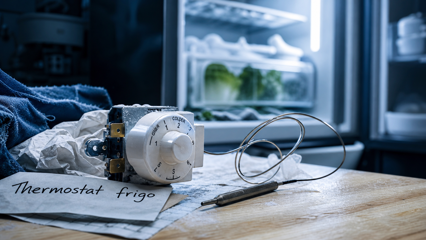 Thermostat frigo démonté : molette et sonde