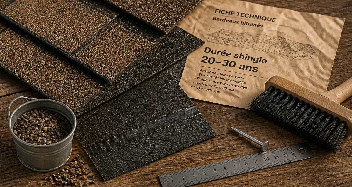 Toiture en shingle durée de vie 20–30 ans, bardeaux bitumés et granules