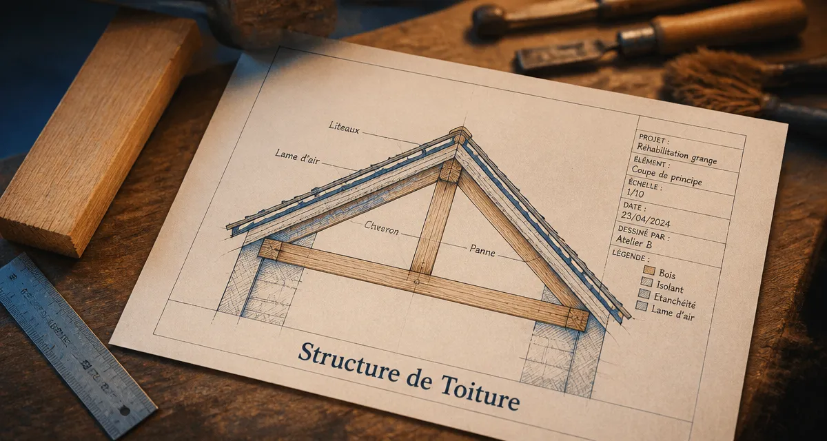 Toiture schéma : coupe de charpente avec pannes, chevrons et liteaux