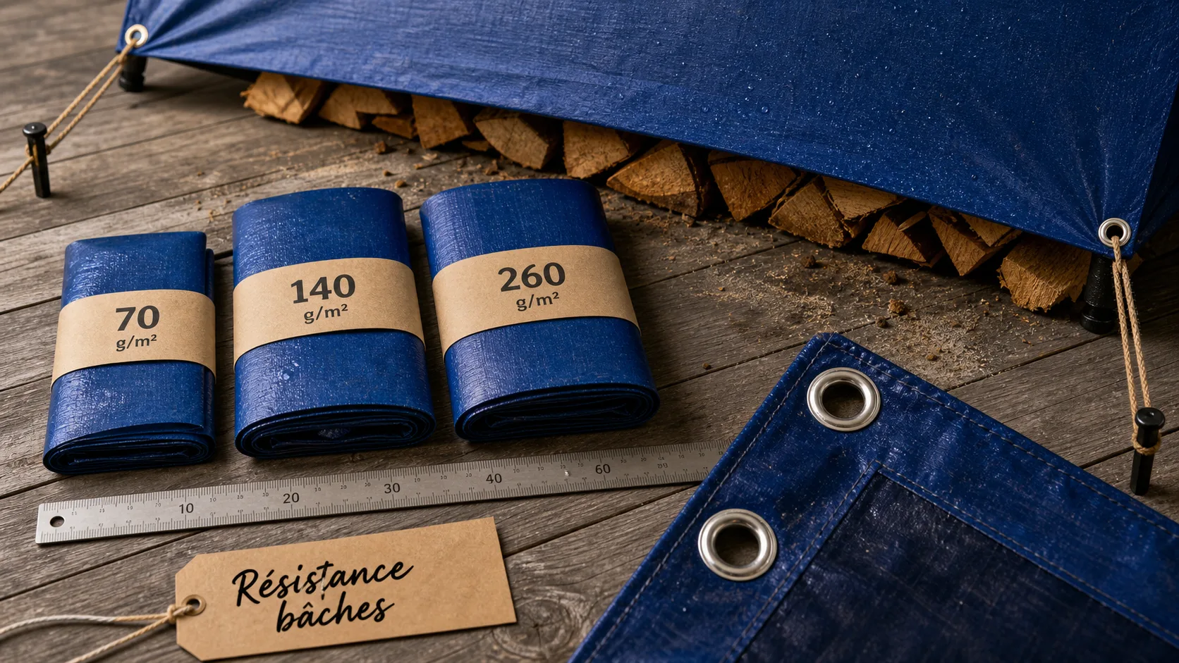 Bâches bleues : grammages (70, 140, 260 g/m²) et dimensions