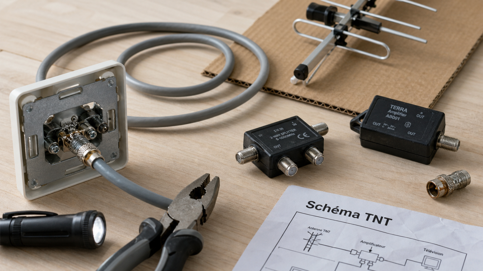 Branchement antenne tv schema : prise TV, répartiteur et plusieurs TV