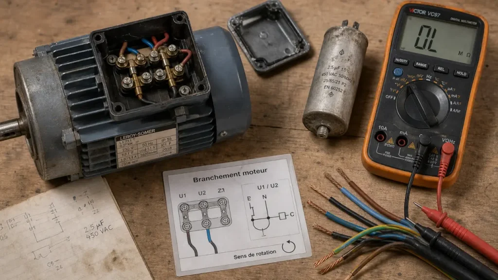 Brancher un moteur monophasé : câblage, condensateur et sens de rotation