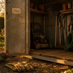 Cabane à outil de jardin en métal, outils rangés sur étagères