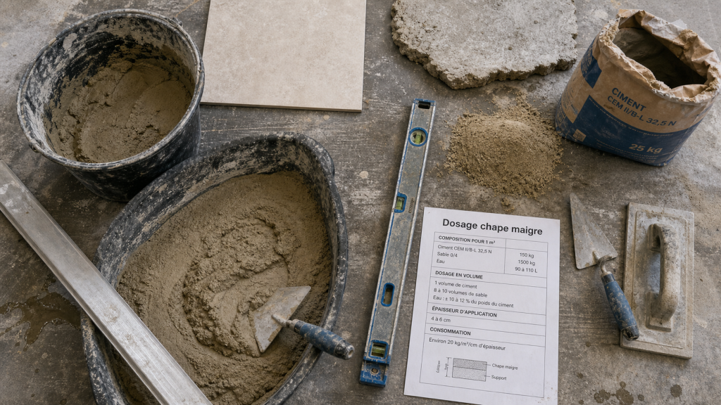Chape maigre avant carrelage : dosage 150 kg de ciment, sable et ciment
