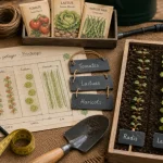 Comment organiser son potager selon le soleil et l’eau, plan avec étiquettes et rangs de légumes