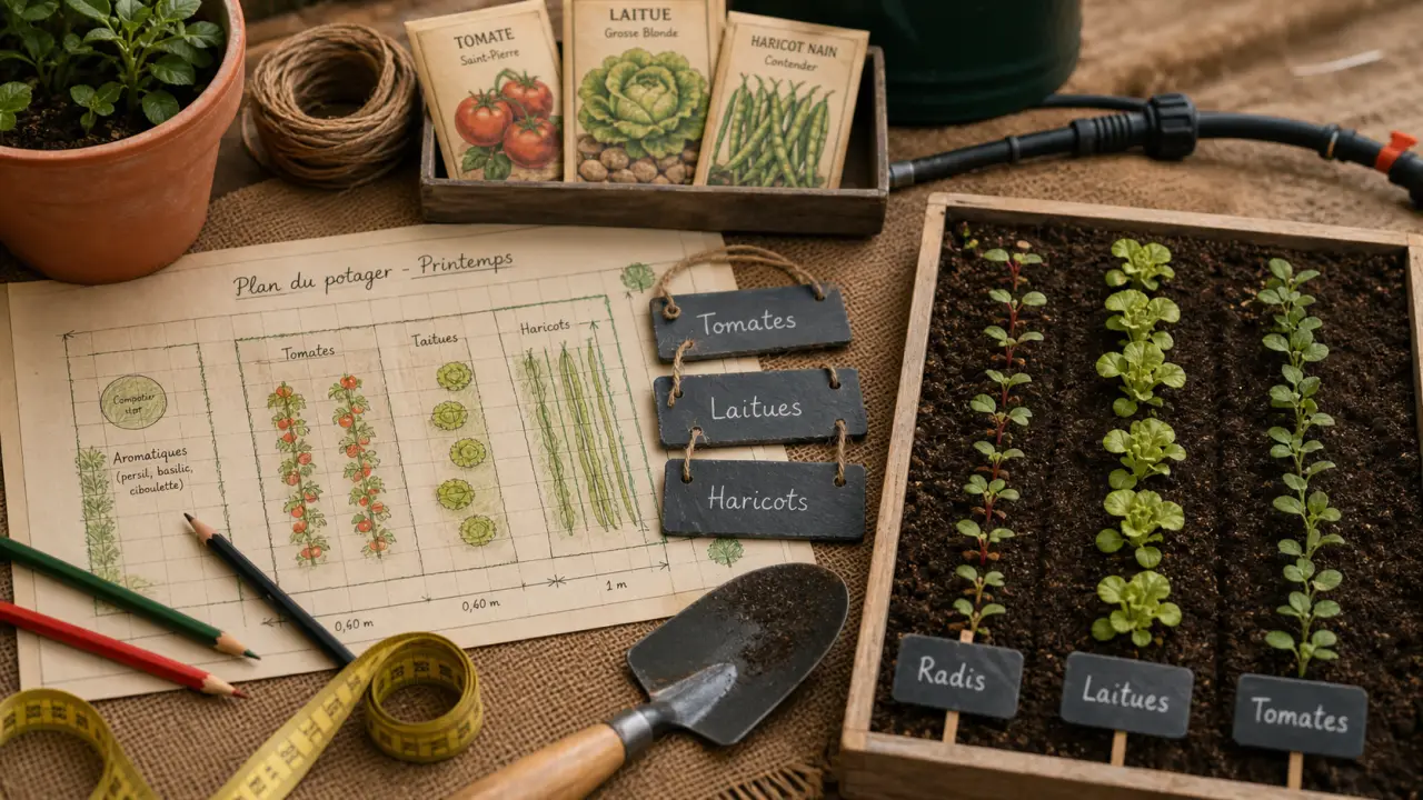 Comment organiser son potager selon le soleil et l’eau, plan avec étiquettes et rangs de légumes