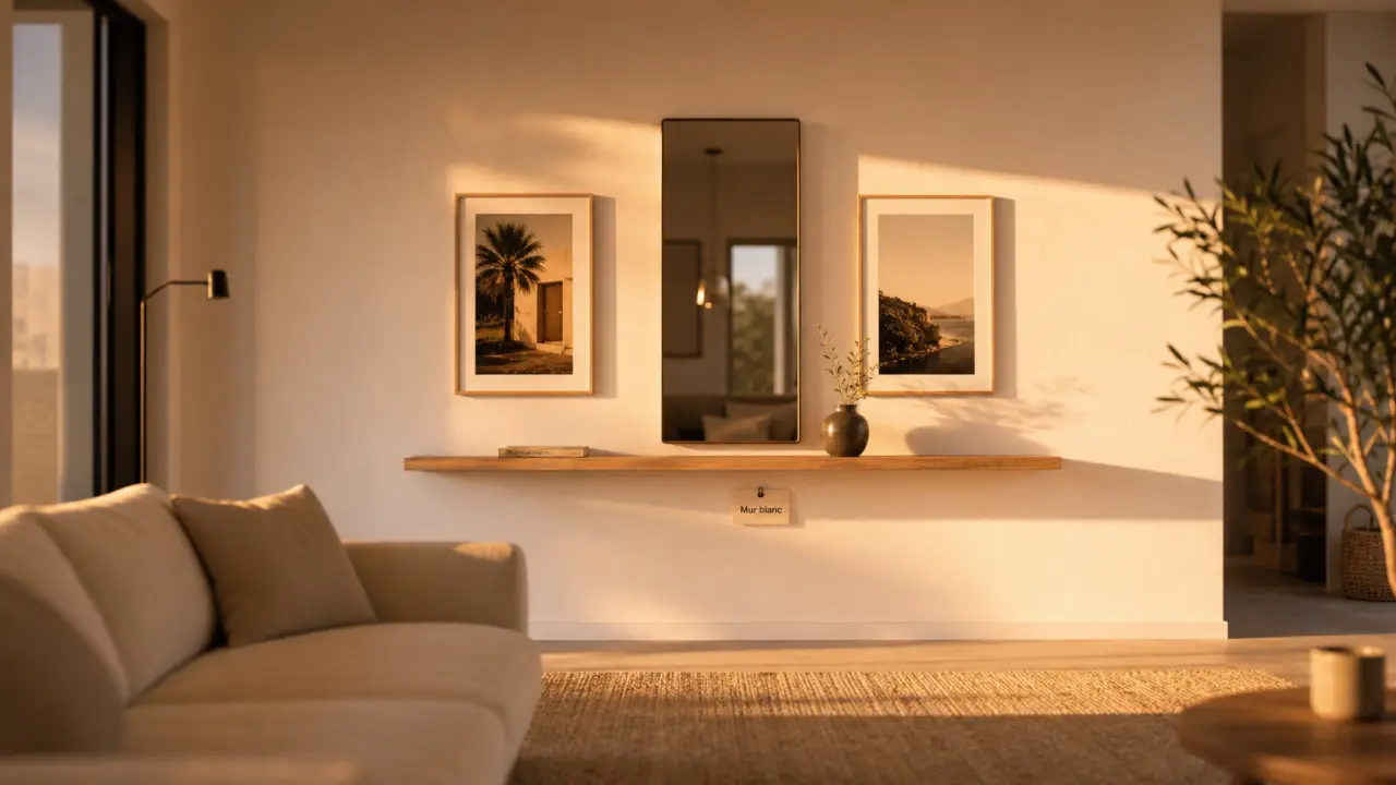 Décorer un mur blanc : miroirs, cadres bois clair, lumière dorée