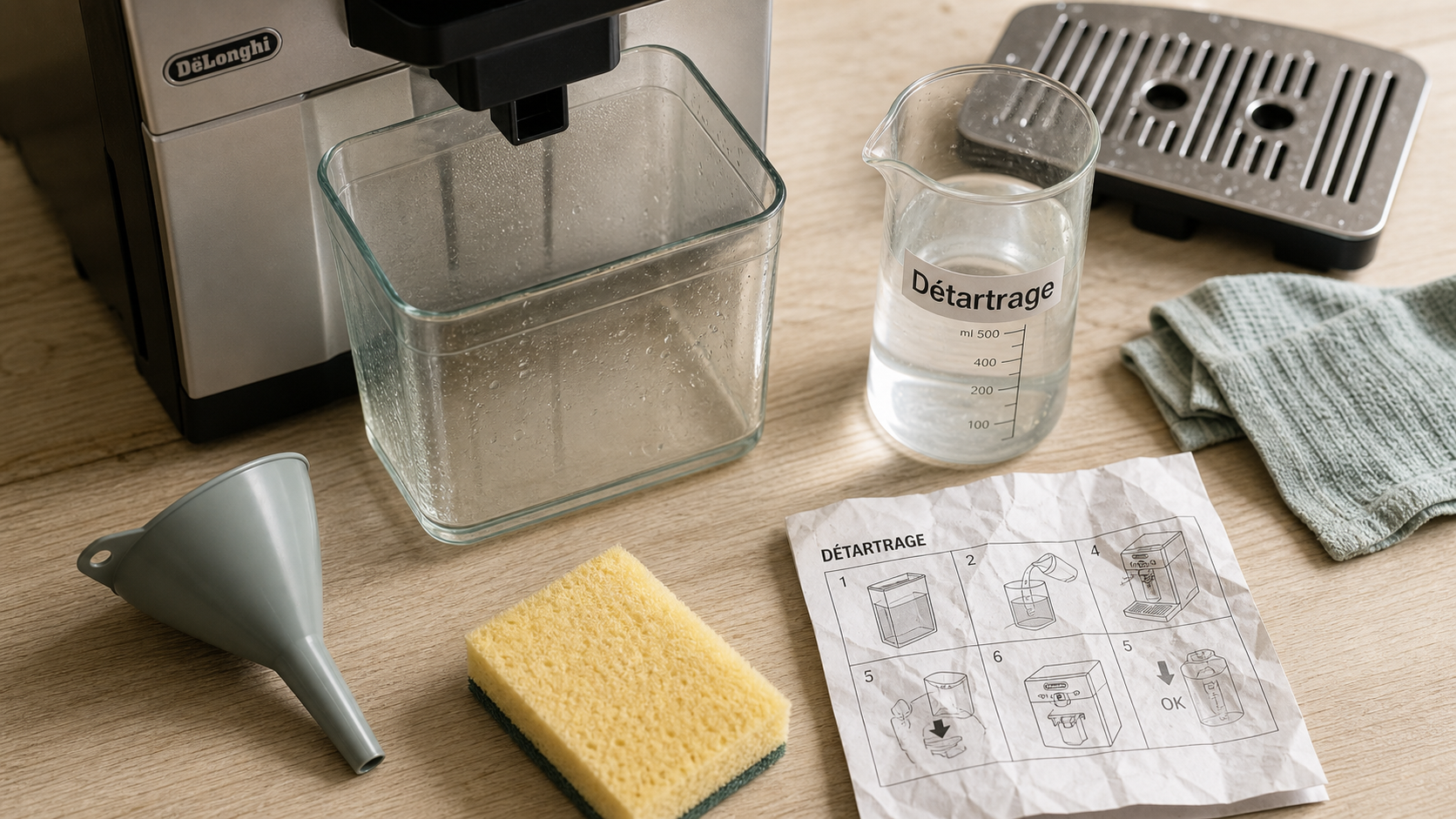 Détartrage machine à café delonghi : produit et bocal détartrant