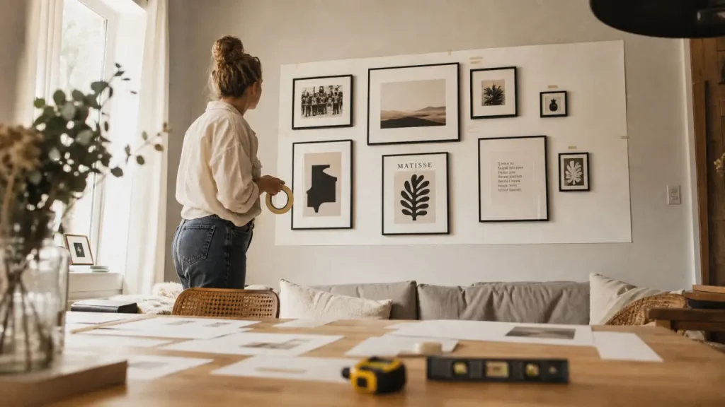 Disposition cadre mural : la méthode pour équilibrer espacements, ligne imaginaire et formats