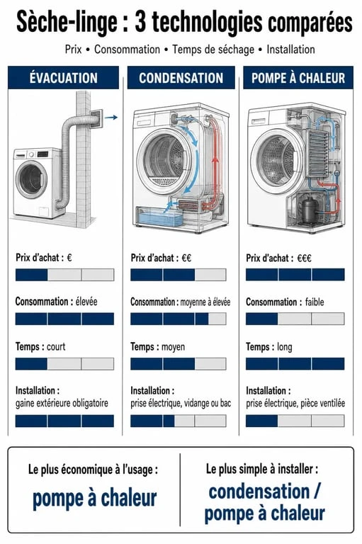 Tableau comparatif des sèche-linge à pompe à chaleur, à condensation et à évacuation pour aider au choix