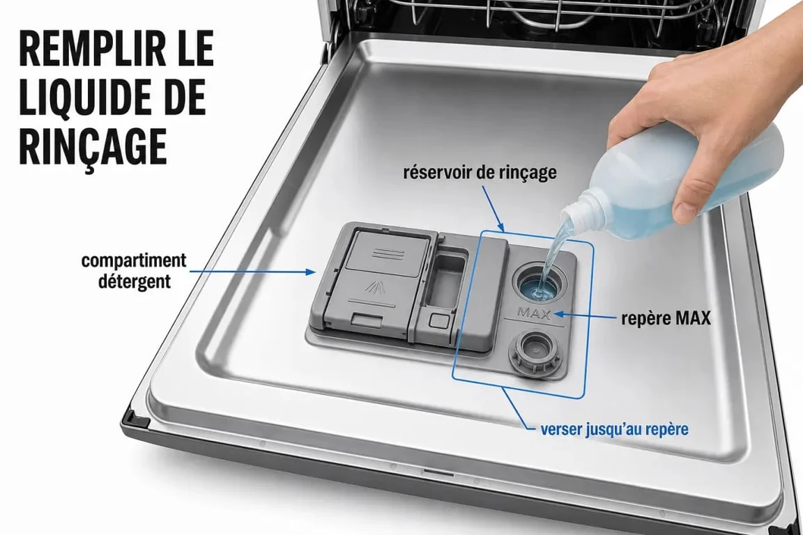 Où mettre le liquide de rinçage lave vaisselle : schéma du compartiment dans la porte