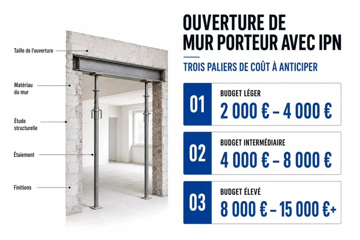 Mur porteur IPN prix : infographie des fourchettes de coût pour ouvrir un mur porteur