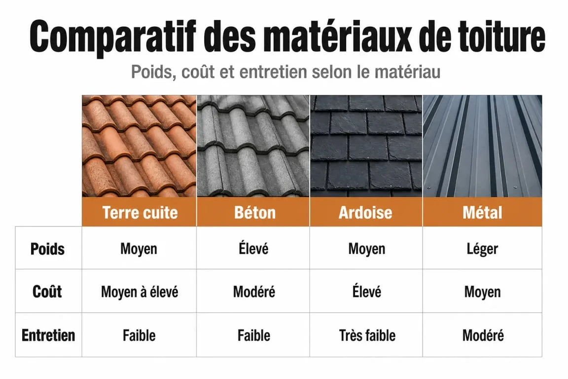 Comparatif des différents matériaux pour une tuile noire plate : terre cuite, béton, ardoise et métal