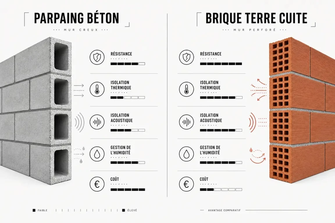 Brique ou parpaing : comparaison visuelle des performances thermiques, acoustiques et du budget
