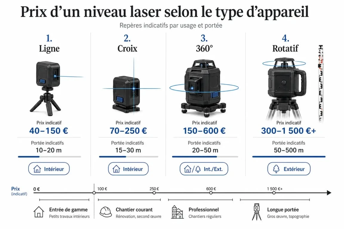 Infographie sur le niveau laser prix avec comparaison des tarifs selon le type d’appareil