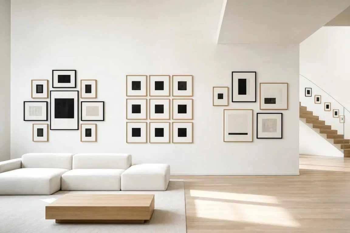 Disposition cadre mural dans un salon avec plusieurs compositions de cadres au-dessus d’un canapé