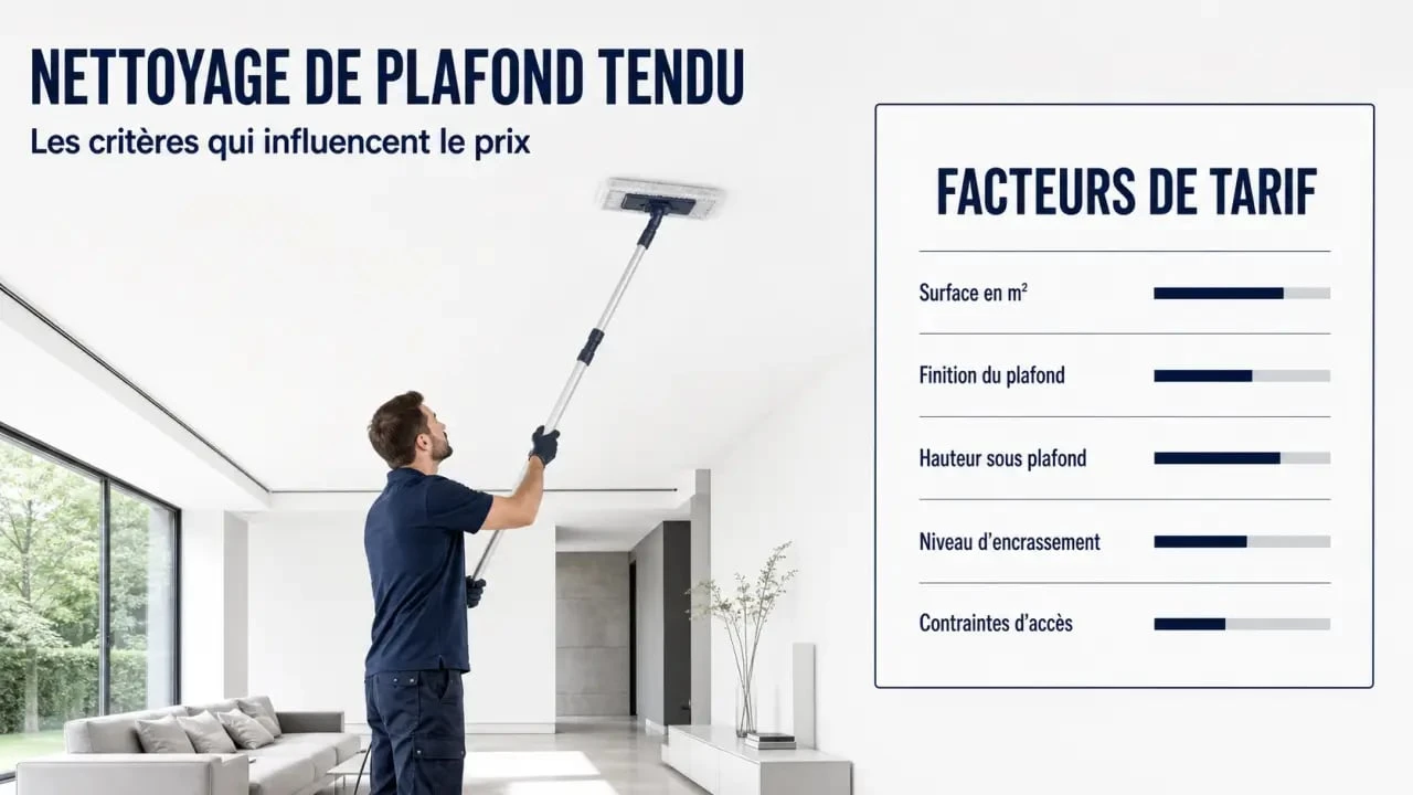 Tarif nettoyage plafond tendu : visuel explicatif des facteurs de prix et d’une intervention professionnelle