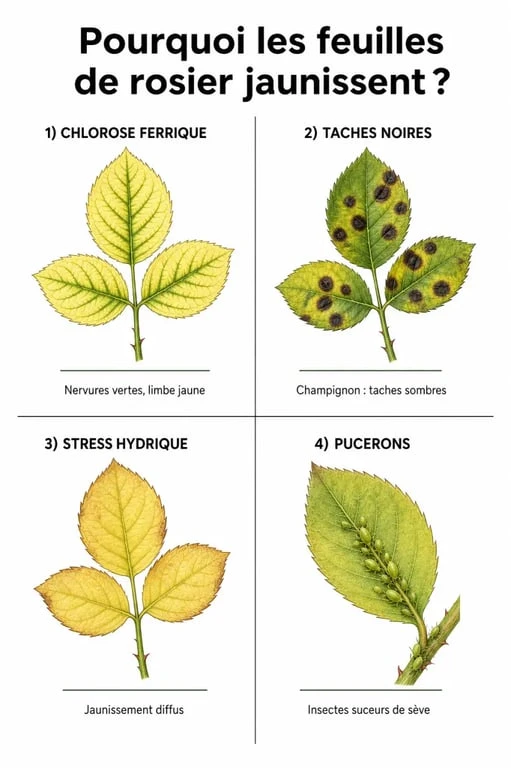Infographie des causes du jaunissement des feuilles de rosier : chlorose, maladies et stress hydrique