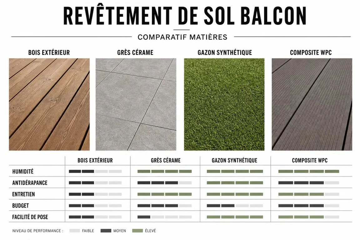 Revêtement sol balcon : comparaison visuelle entre bois, carrelage extérieur, gazon synthétique et composite WPC